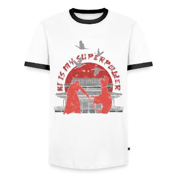 Aikido Aikidoka Ki Is My Superpower - Men's Ringer Shirt - white/black - Front - AI Model Female 172 light (172cm) & AI Model Male 178 dark (178cm)