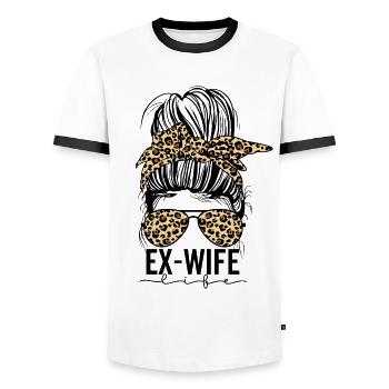 Ex Wife Messy Bun Divorce Marriage Ending Cheetah - Men's Ringer Shirt - white/black - Front - AI Model Female 172 light (172cm) & AI Model Male 178 dark (178cm)