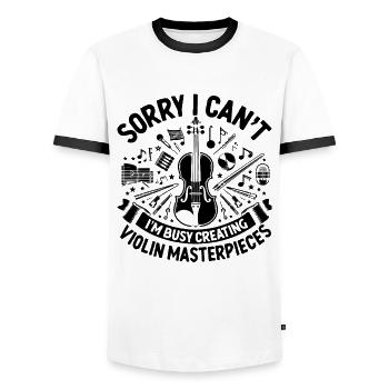 Tut mir leid, dass ich nicht kann, ich bin damit beschäftigt, ein Meisterwerk für die Violine zu schaffen - Männer Kontrast-T-Shirt - Weiß/Schwarz - Vorne - AI Model Female 172 light (172cm) & AI Model Male 178 dark (178cm)