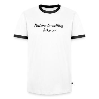 Hiking - Nature is calling, hike on - Men's Ringer Shirt - white/black - Front - AI Model Female 172 light (172cm) & AI Model Male 178 dark (178cm)