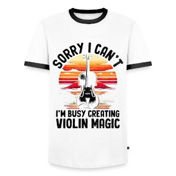 Tut mir leid, dass ich nicht kann, ich bin damit beschäftigt, Violin Magic Violi zu kreieren - Männer Kontrast-T-Shirt - Weiß/Schwarz - Vorne - AI Model Female 172 light (172cm) & AI Model Male 178 dark (178cm)