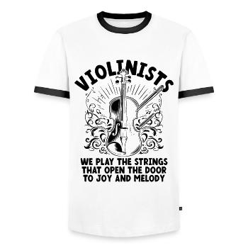 Violonistes Nous jouons Les cordes qui ouvrent la porte - T-shirt contrasté Homme - blanc/noir - Devant - AI Model Female 172 light (172cm) & AI Model Male 178 dark (178cm)