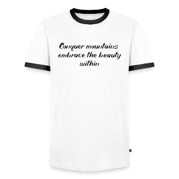 Randonnée - Partez à la conquête des montagnes, embrassez la beauté - T-shirt contrasté Homme - blanc/noir - Devant - AI Model Female 172 light (172cm) & AI Model Male 178 dark (178cm)