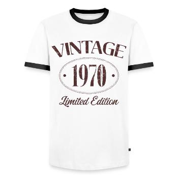 Années 1970 édition limitée anniversaire des années 1970 - T-shirt contrasté Homme - blanc/noir - Devant - AI Model Female 172 light (172cm) & AI Model Male 178 dark (178cm)