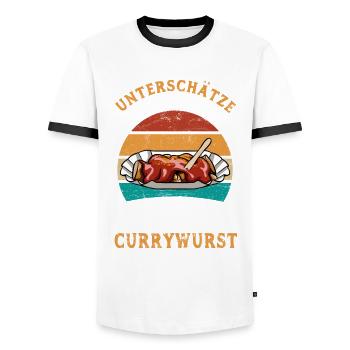 Unterschätze nie einen alten Mann mit Currywurst - Männer Kontrast-T-Shirt - Weiß/Schwarz - Vorne - AI Model Female 172 light (172cm) & AI Model Male 178 dark (178cm)