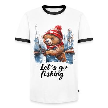 Let's Go Fishing Bear Fishing Fishing - Men's Ringer Shirt - white/black - Front - AI Model Female 172 light (172cm) & AI Model Male 178 dark (178cm)