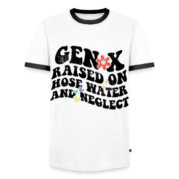 Retro Gen X Raised on Hose Water and Neglect - Men's Ringer Shirt - white/black - Front - AI Model Female 172 light (172cm) & AI Model Male 178 dark (178cm)