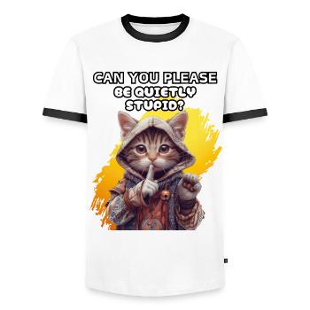 Can you please be quietly stupid? Irony, humor, - Men's Ringer Shirt - white/black - Front - AI Model Female 172 light (172cm) & AI Model Male 178 dark (178cm)