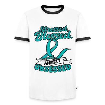 Anxiety Disorder Stressed & Anxiety Obsessed - Men's Ringer Shirt - white/black - Front - AI Model Female 172 light (172cm) & AI Model Male 178 dark (178cm)