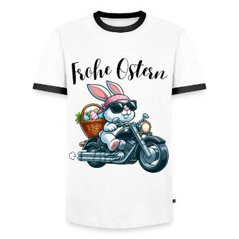 Frohe Ostern Hase Osterhase Motorrad Cool lustig - Männer Kontrast-T-Shirt - Weiß/Schwarz - Vorne - AI Model Female 172 light (172cm) & AI Model Male 178 dark (178cm)