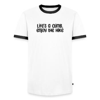 Hiking - Life's a climb, enjoy the hike - Men's Ringer Shirt - white/black - Front - AI Model Female 172 light (172cm) & AI Model Male 178 dark (178cm)