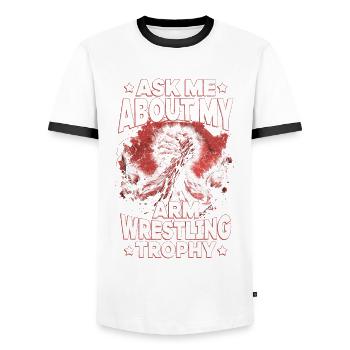Armdrücken Ask Me About My Arm Wrestling Trophy - Männer Kontrast-T-Shirt - Weiß/Schwarz - Vorne - AI Model Female 172 light (172cm) & AI Model Male 178 dark (178cm)