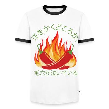 It Always Burns Twice - Chili Cook Hot Sauce - Men's Ringer Shirt - white/black - Front - AI Model Female 172 light (172cm) & AI Model Male 178 dark (178cm)