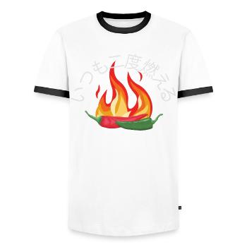 It Always Burns Twice - Chili Cook Hot Sauce - Men's Ringer Shirt - white/black - Front - AI Model Female 172 light (172cm) & AI Model Male 178 dark (178cm)