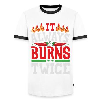It Always Burns Twice - Chili Cook Hot Sauce - Men's Ringer Shirt - white/black - Front - AI Model Female 172 light (172cm) & AI Model Male 178 dark (178cm)