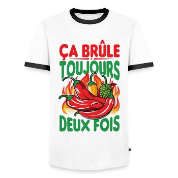 It Always Burns Twice - Chili Cook Hot Sauce - Men's Ringer Shirt - white/black - Front - AI Model Female 172 light (172cm) & AI Model Male 178 dark (178cm)