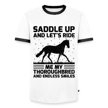 Courses de chevaux pur-sang Équitation Chevaux équestres - T-shirt contrasté Homme - blanc/noir - Devant - AI Model Female 172 light (172cm) & AI Model Male 178 dark (178cm)