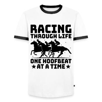 Thoroughbred Horse Racing Riding Equestian Horses - Men's Ringer Shirt - white/black - Front - AI Model Female 172 light (172cm) & AI Model Male 178 dark (178cm)