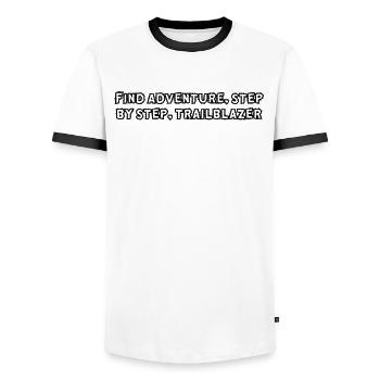 Hiking - Find adventure, step by step, - Men's Ringer Shirt - white/black - Front - AI Model Female 172 light (172cm) & AI Model Male 178 dark (178cm)