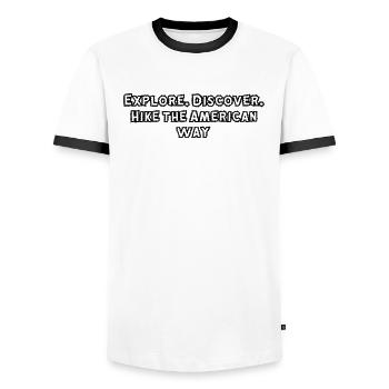 Wandern - Explore. Discover. Hike the American - Männer Kontrast-T-Shirt - Weiß/Schwarz - Vorne - AI Model Female 172 light (172cm) & AI Model Male 178 dark (178cm)