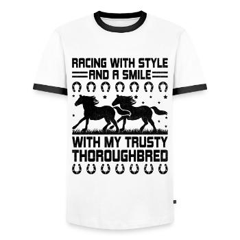 Thoroughbred Horse Racing Riding Equestian Horses - Men's Ringer Shirt - white/black - Front - AI Model Female 172 light (172cm) & AI Model Male 178 dark (178cm)
