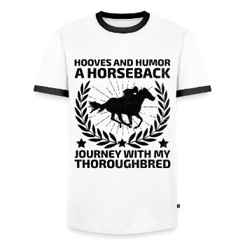 Thoroughbred Horse Racing Riding Equestian Horses - Men's Ringer Shirt - white/black - Front - AI Model Female 172 light (172cm) & AI Model Male 178 dark (178cm)