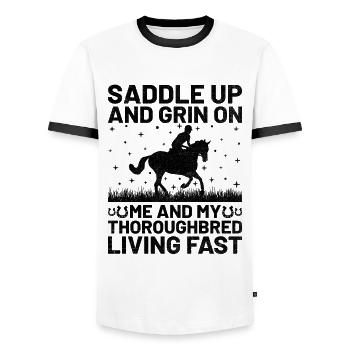 Courses de chevaux pur-sang Équitation Chevaux équestres - T-shirt contrasté Homme - blanc/noir - Devant - AI Model Female 172 light (172cm) & AI Model Male 178 dark (178cm)