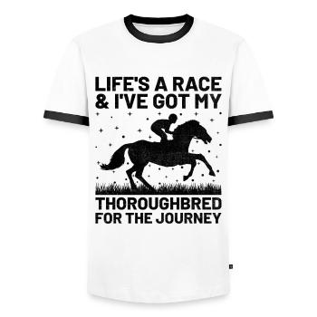 Thoroughbred Horse Racing Riding Equestian Horses - Men's Ringer Shirt - white/black - Front - AI Model Female 172 light (172cm) & AI Model Male 178 dark (178cm)