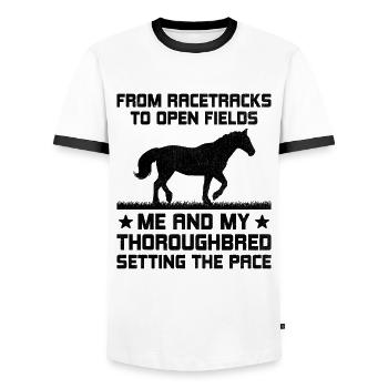 Thoroughbred Horse Racing Riding Equestian Horses - Men's Ringer Shirt - white/black - Front - AI Model Female 172 light (172cm) & AI Model Male 178 dark (178cm)