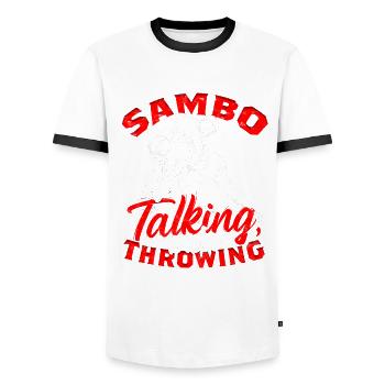 Sambo Less Talking More Throwing - Men's Ringer Shirt - white/black - Front - AI Model Female 172 light (172cm) & AI Model Male 178 dark (178cm)