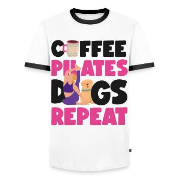 Instructeur de Pilates Professeur Café - T-shirt contrasté Homme - blanc/noir - Devant - AI Model Female 172 light (172cm) & AI Model Male 178 dark (178cm)