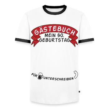 Guestbook My 50th Birthday Gift Idea - Men's Ringer Shirt - white/black - Front - AI Model Female 172 light (172cm) & AI Model Male 178 dark (178cm)