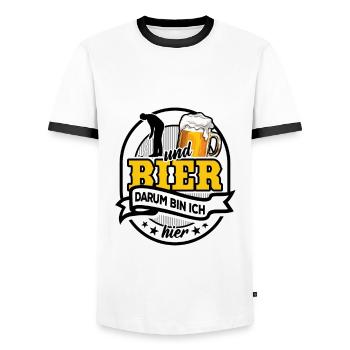 Minigolf und Bier - darum bin ich hier - Spruch - Männer Kontrast-T-Shirt - Weiß/Schwarz - Vorne - AI Model Female 172 light (172cm) & AI Model Male 178 dark (178cm)