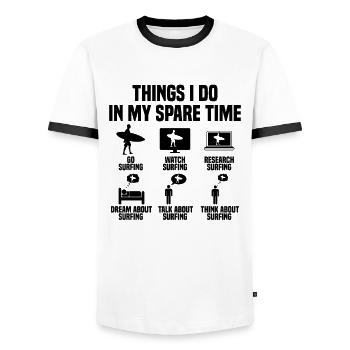 Things I do in my spare time: Surfing - Men's Ringer Shirt - white/black - Front - AI Model Female 172 light (172cm) & AI Model Male 178 dark (178cm)