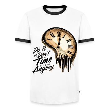 Zeitloses Motivationszitat mit schmelzenden Uhren - Männer Kontrast-T-Shirt - Weiß/Schwarz - Vorne - AI Model Female 172 light (172cm) & AI Model Male 178 dark (178cm)