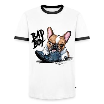 Französische Bulldogge zerkautem Schuh für - Männer Kontrast-T-Shirt - Weiß/Schwarz - Vorne - AI Model Female 172 light (172cm) & AI Model Male 178 dark (178cm)