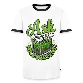 Microgreen Ask Me About Microgreens? - Men's Ringer Shirt - white/black - Front - AI Model Female 172 light (172cm) & AI Model Male 178 dark (178cm)