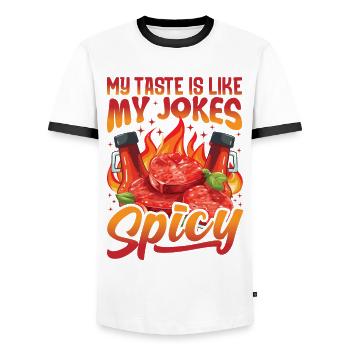 Red Hot Lover Pizza Chili Sauce Spicy Food Dress - Men's Ringer Shirt - white/black - Front - AI Model Female 172 light (172cm) & AI Model Male 178 dark (178cm)
