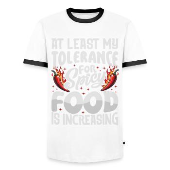 Spicy Chili Chef Foodie Culinary Expert Apparel - Men's Ringer Shirt - white/black - Front - AI Model Female 172 light (172cm) & AI Model Male 178 dark (178cm)