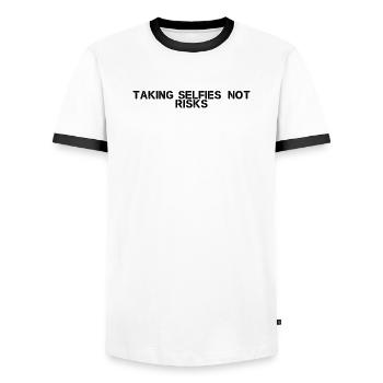 Hiking - Taking selfies, not risks - Men's Ringer Shirt - white/black - Front - AI Model Female 172 light (172cm) & AI Model Male 178 dark (178cm)
