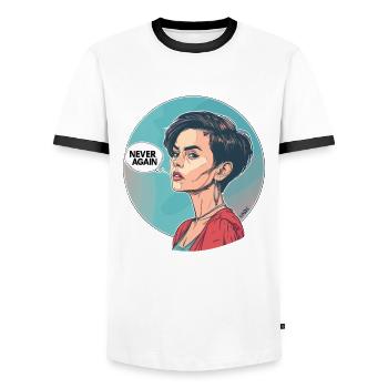 Pop Art Cartoon: Woman Says "Never Again" - Men's Ringer Shirt - white/black - Front - AI Model Female 172 light (172cm) & AI Model Male 178 dark (178cm)