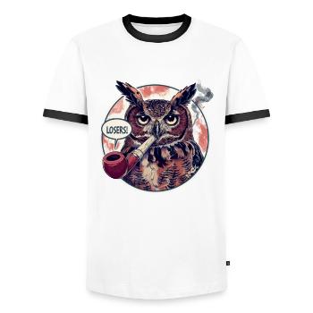 Eule mit Tabakpfeife sagt "Verlierer" - Männer Kontrast-T-Shirt - Weiß/Schwarz - Vorne - AI Model Female 172 light (172cm) & AI Model Male 178 dark (178cm)