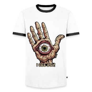 Hand mit Auge - Ich sehe dich - Männer Kontrast-T-Shirt - Weiß/Schwarz - Vorne - AI Model Female 172 light (172cm) & AI Model Male 178 dark (178cm)