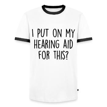 Funny Hearing Aid Deaf Awareness Sign Language - Men's Ringer Shirt - white/black - Front - AI Model Female 172 light (172cm) & AI Model Male 178 dark (178cm)