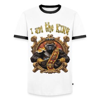 I am the KING. Gorilla, König, Emblem, Wappen, - Männer Kontrast-T-Shirt - Weiß/Schwarz - Vorne - AI Model Female 172 light (172cm) & AI Model Male 178 dark (178cm)