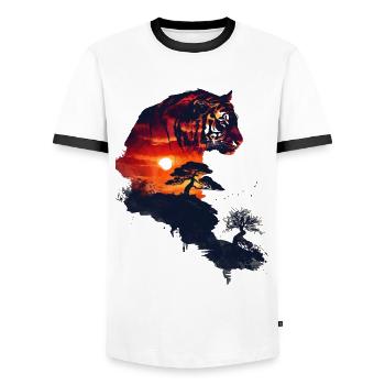 Japan Landscape Tiger Bonsai Tree Aesthetic - Men's Ringer Shirt - white/black - Front - AI Model Female 172 light (172cm) & AI Model Male 178 dark (178cm)