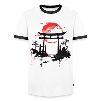 Bonsaï esthétique d’oiseaux de lune rouge d’arbre japonais - T-shirt contrasté Homme - blanc/noir - Devant - AI Model Female 172 light (172cm) & AI Model Male 178 dark (178cm)