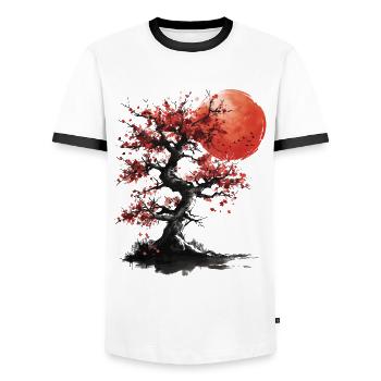 Japanese Tree Red Moon Birds Aesthetic Bonsai - Men's Ringer Shirt - white/black - Front - AI Model Female 172 light (172cm) & AI Model Male 178 dark (178cm)