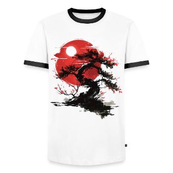 Japanese Tree Buddhism Red Moon Aesthetic Bonsai - Men's Ringer Shirt - white/black - Front - AI Model Female 172 light (172cm) & AI Model Male 178 dark (178cm)