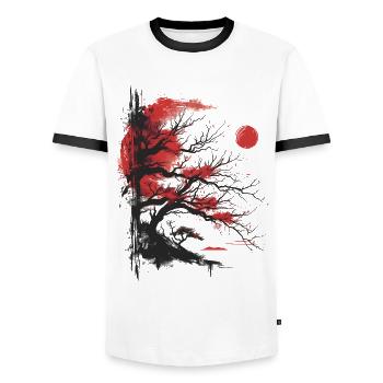 Japanese Tree Aesthetic Buddhism Red Moon Bonsai - Men's Ringer Shirt - white/black - Front - AI Model Female 172 light (172cm) & AI Model Male 178 dark (178cm)